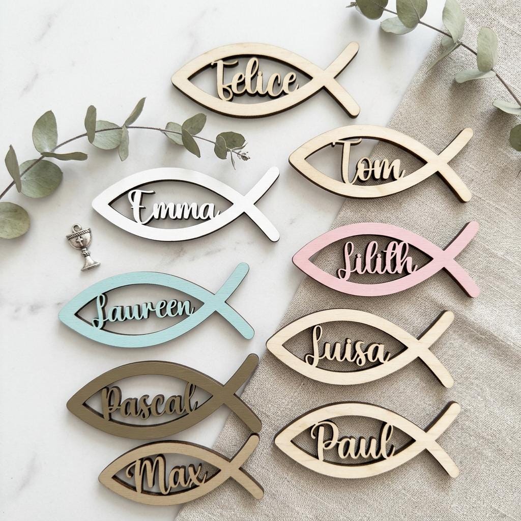 Platzkarte Kommunion Konfirmation Taufe – Namensschild Holz Fisch personalisiert, Birkenholz mit Namen - LaserArt Germany