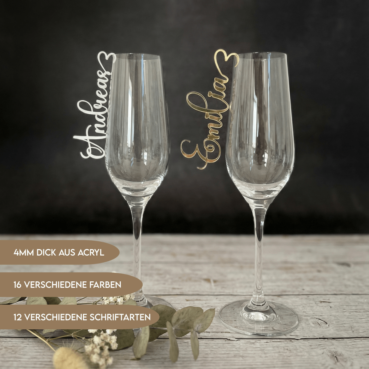 Acryl Platzkarten für Gläser Hochzeit
