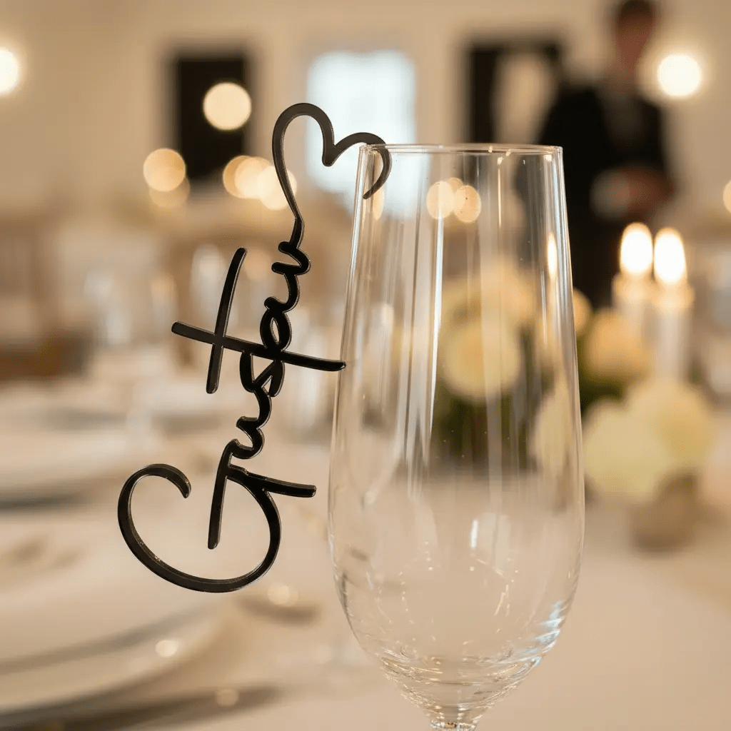 Acryl-Platzkarten für Gläser, Tischdeko Hochzeit – Größenvergleich in der Hand