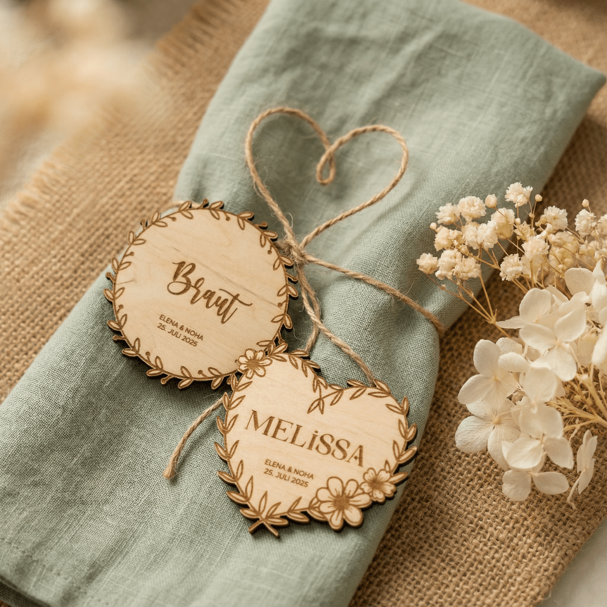 Platzkarten Braut und Melissa aus Holz auf grüner Leinenserviette
