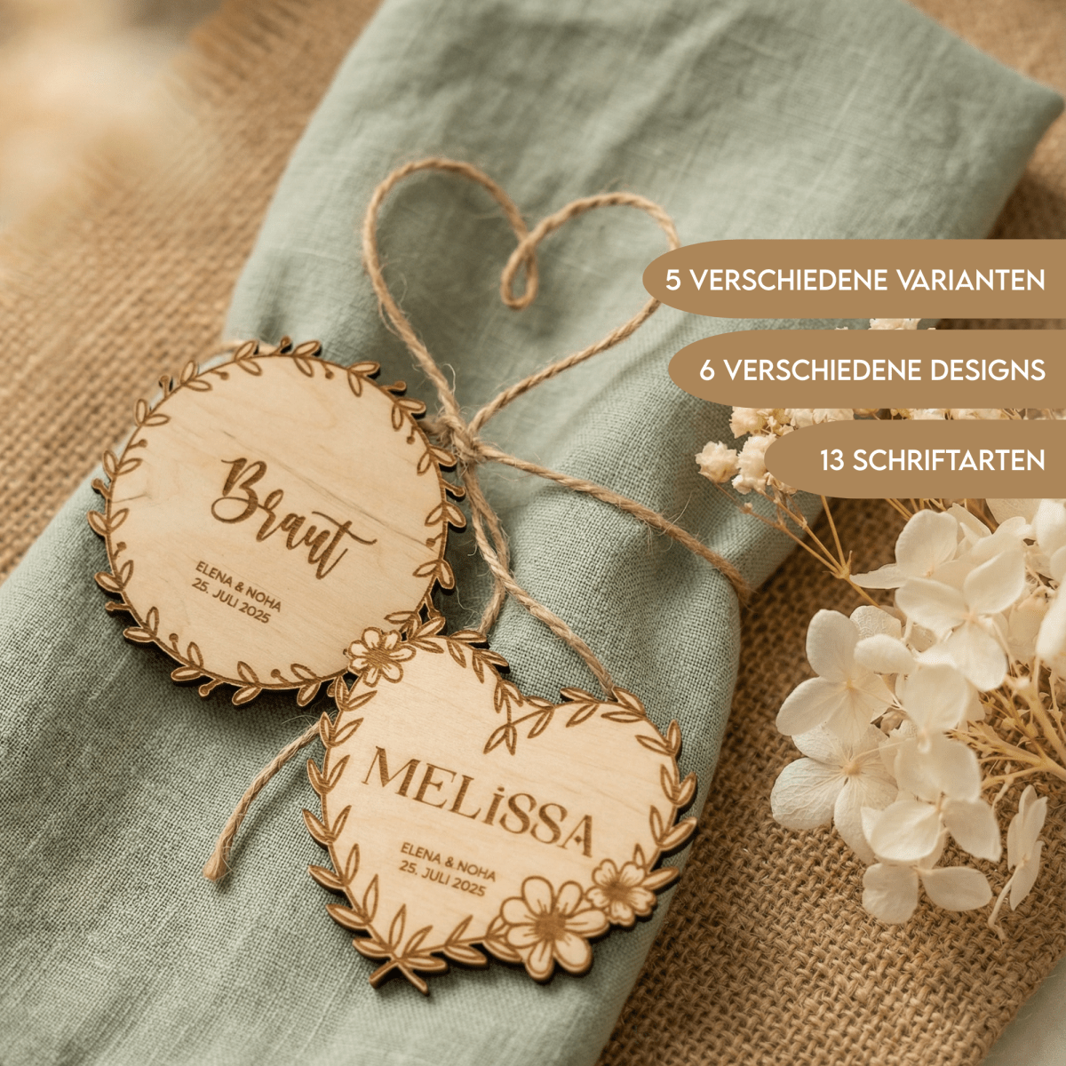 Platzkarten Namensschilder Hochzeit aus Holz für individuelle Feste - LaserArt Germany