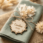 Namensschild Caroline mit graviertem Blütenkranz und Juteschnur