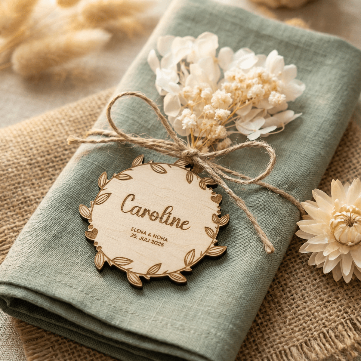 Namensschild Caroline mit graviertem Blütenkranz und Juteschnur