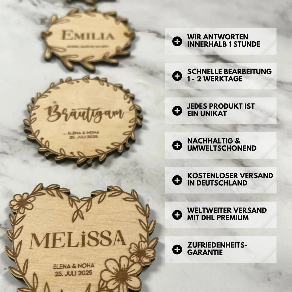 Platzkarten Namensschilder Hochzeit aus Holz für individuelle Feste - LaserArt Germany
