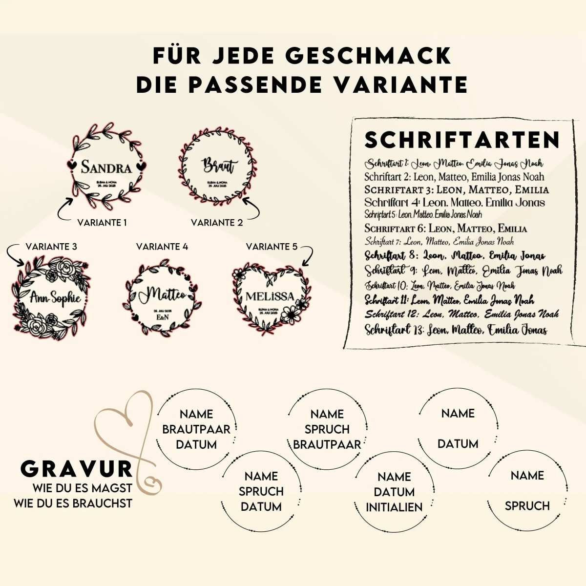 Varianten, Schriftarten und Gravuroptionen der Holz-Platzkarten im Überblick