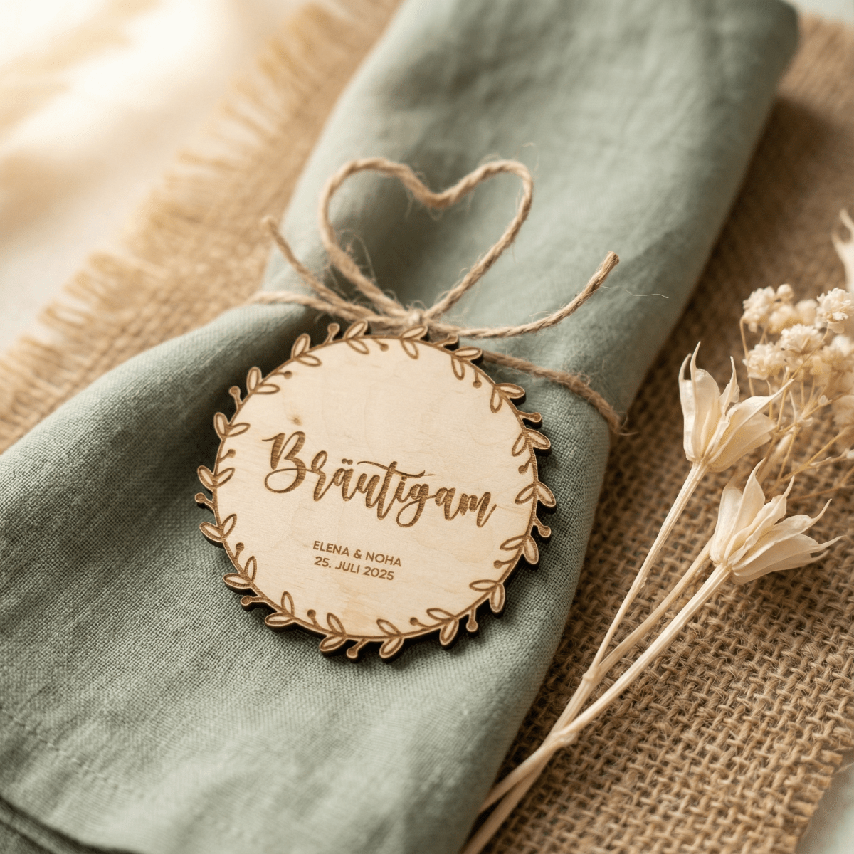 Platzkarte Bräutigam aus Holz mit graviertem Kranz