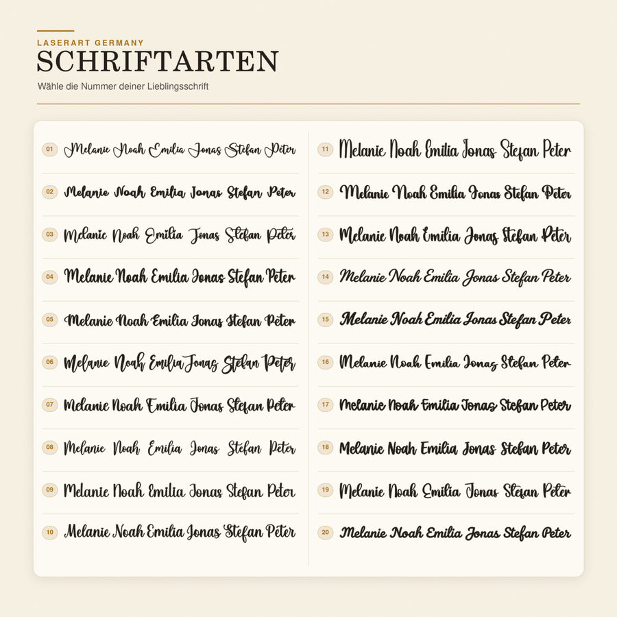 Übersicht der 20 verfügbaren Gravur-Schriftarten bei LaserArt Germany, nummeriert 1 bis 20