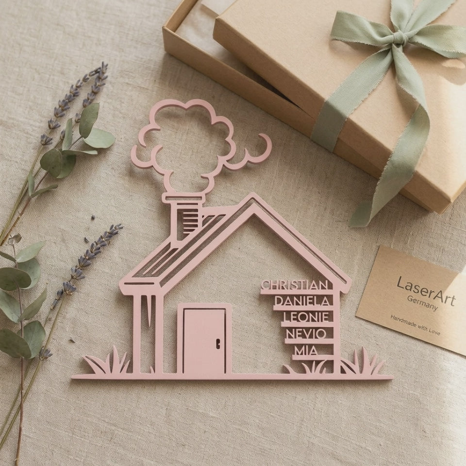 Plaque familiale en forme de maison pour pendaison de crémaillère | Bois