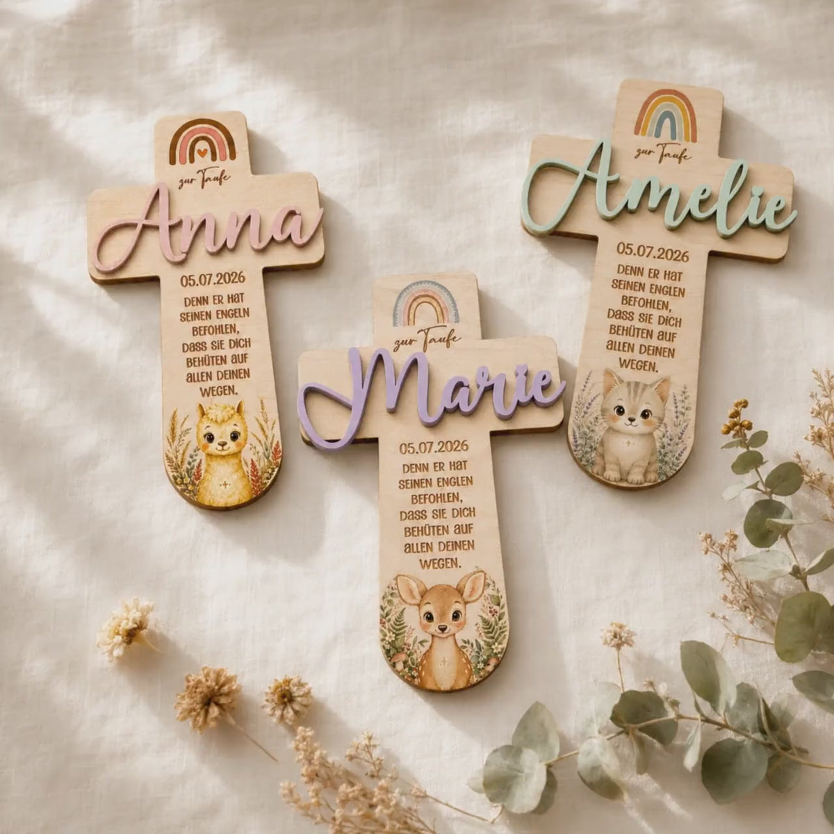 Taufkreuz Mädchen personalisiert mit 3D Name | Taufgeschenk Holz Tiermotiv & Taufspruch | Geschenk Patenkind Taufe