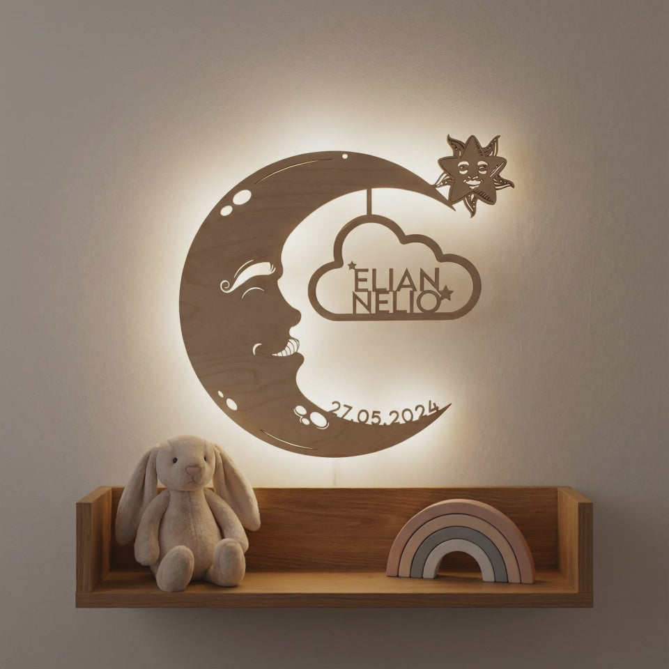 Personalisiertes Schlummerlicht aus Holz personalisiert | Mond-Design verschiedene Farben