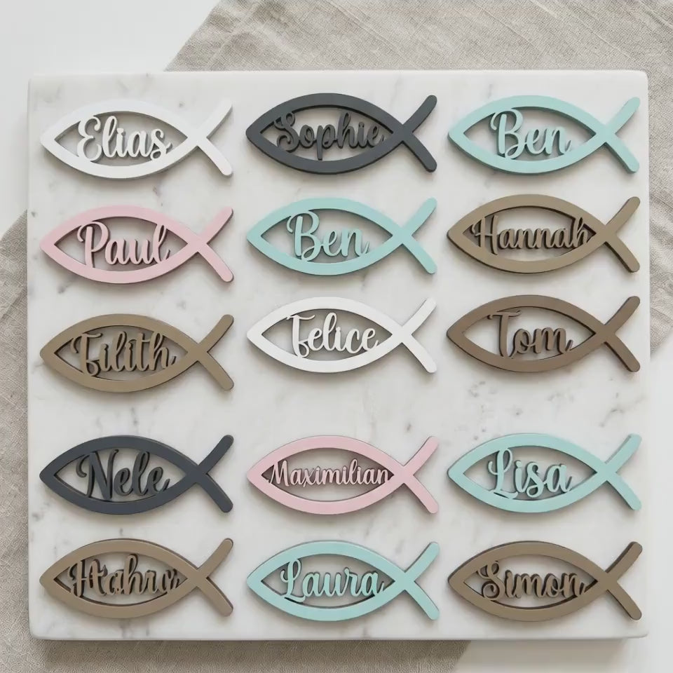 Platzkarte Kommunion Konfirmation Taufe Holz Fisch – Namensschild personalisiert Birkenholz mit Namen