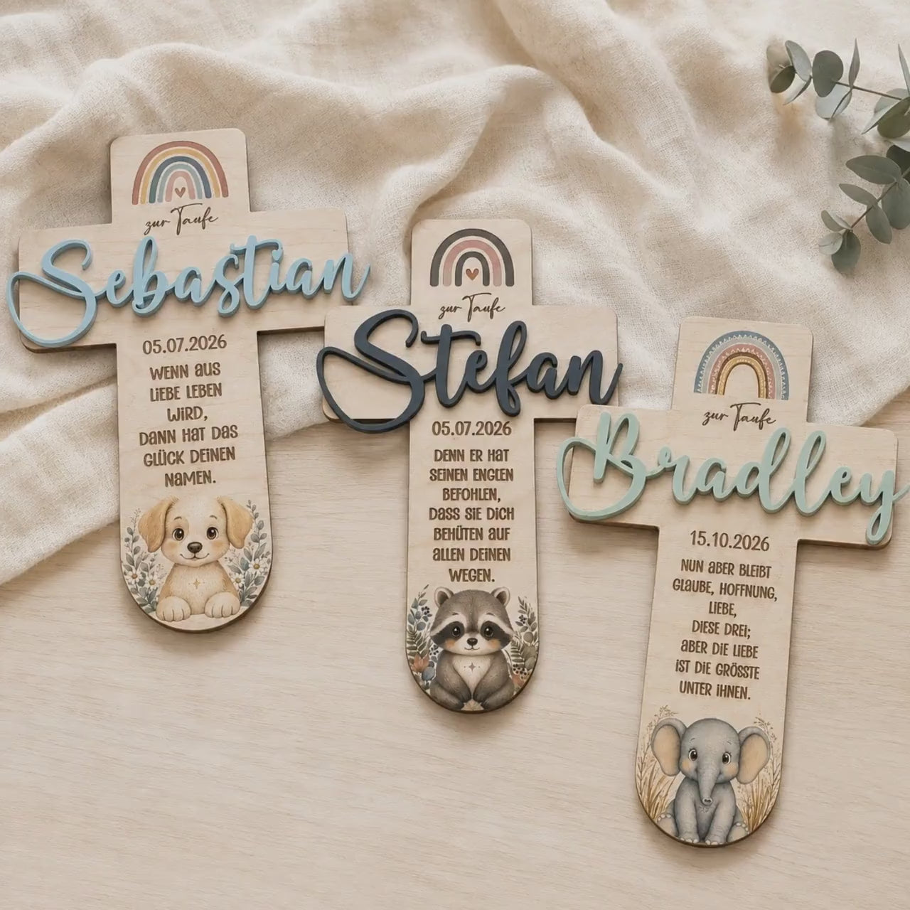 Taufkreuz personalisiert mit 3D Name | Taufgeschenk Holz Tiermotiv & Taufspruch | Geschenk Patenkind Taufe