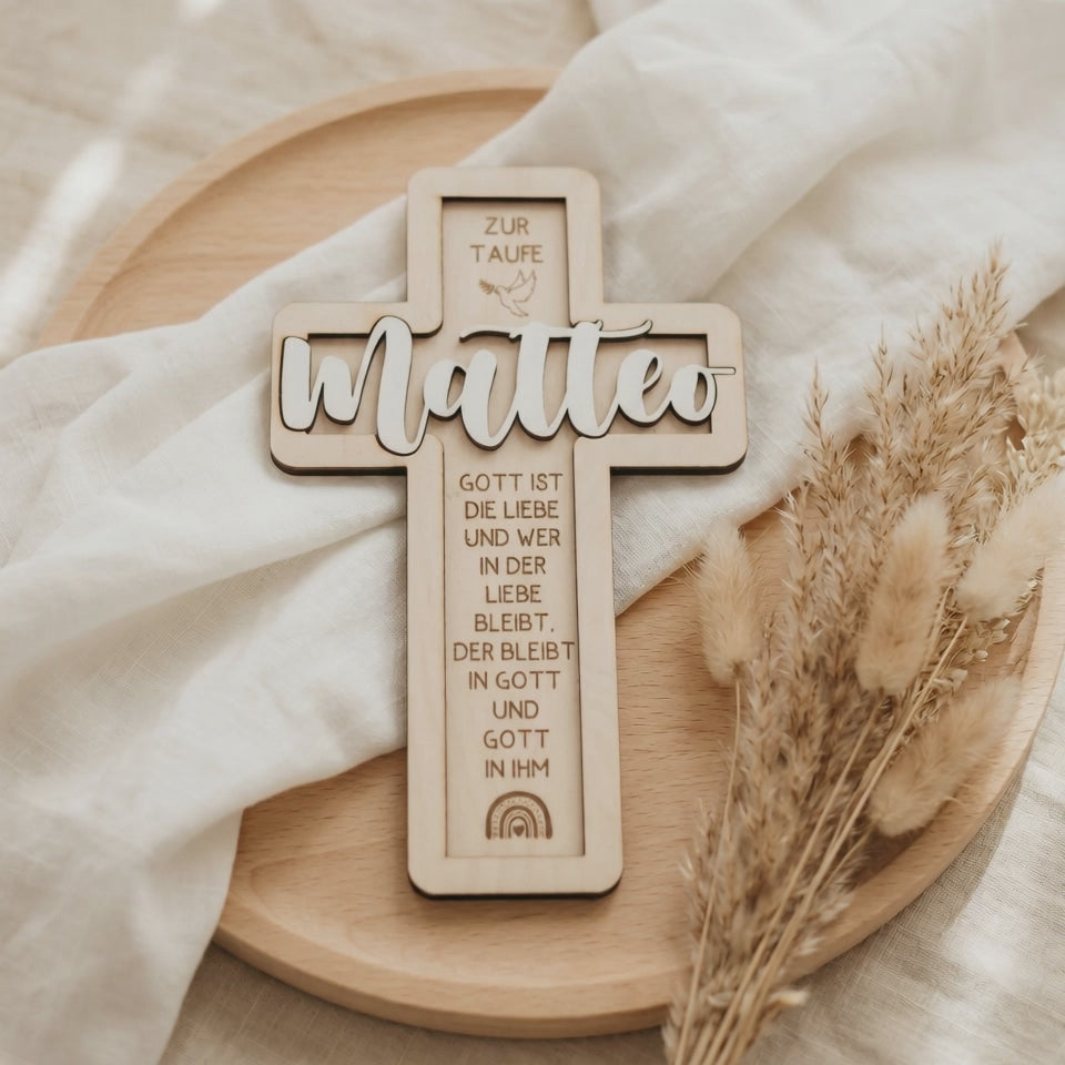 Taufkreuz aus Holz personalisiert – 3D-Rahmen mit Name, Datum & Taufspruch