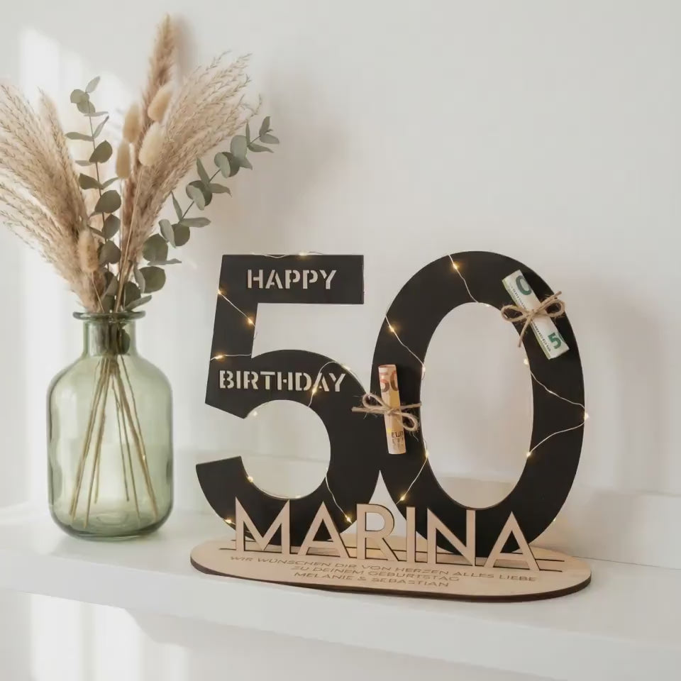 Personalisiertes Geldgeschenk zum Geburtstag | Zahlen 10–99 mit Name | Nachhaltiges Holzgeschenk | Geld Geschenk Geburtstag Mann & Frau