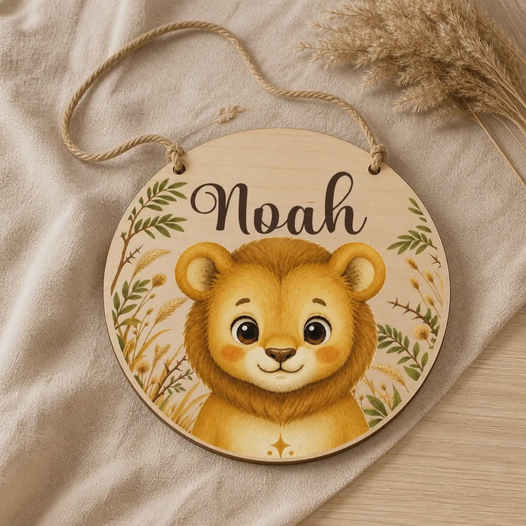 Namensschild Junge personalisiert Rund | Türschild Kinderzimmer mit Tiermotiv | Geschenk zur Geburt & Taufe | Birkenholz