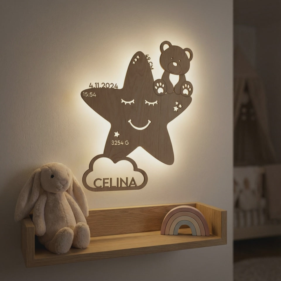Personalisiertes Schlummerlicht aus Holz personalisiert | Stern-Design verschiedene Farben