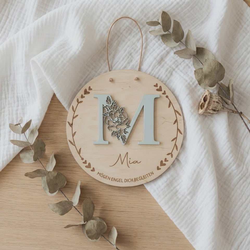 Plaque de naissance Rose & Baptême en bois | Monogramme 3D