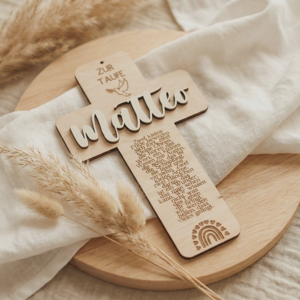 Taufkreuz aus Holz personalisiert – Geschenk zur Taufe, Geburt & Erinnerung