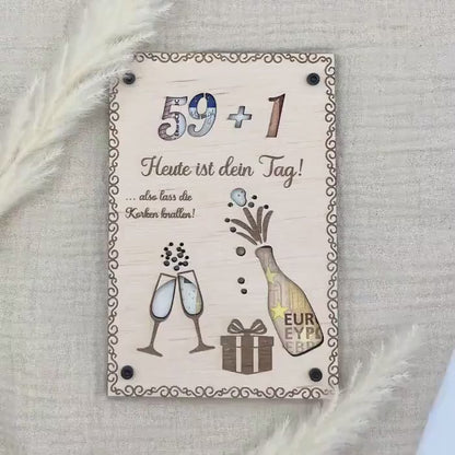 Geldgeschenk personalisierter Wunscherfüller Holz - Runder Gebrutstag.