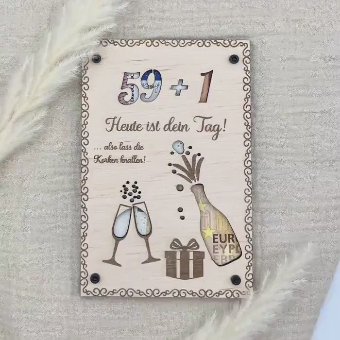 Geldgeschenk personalisierter Wunscherfüller Holz - Runder Gebrutstag.