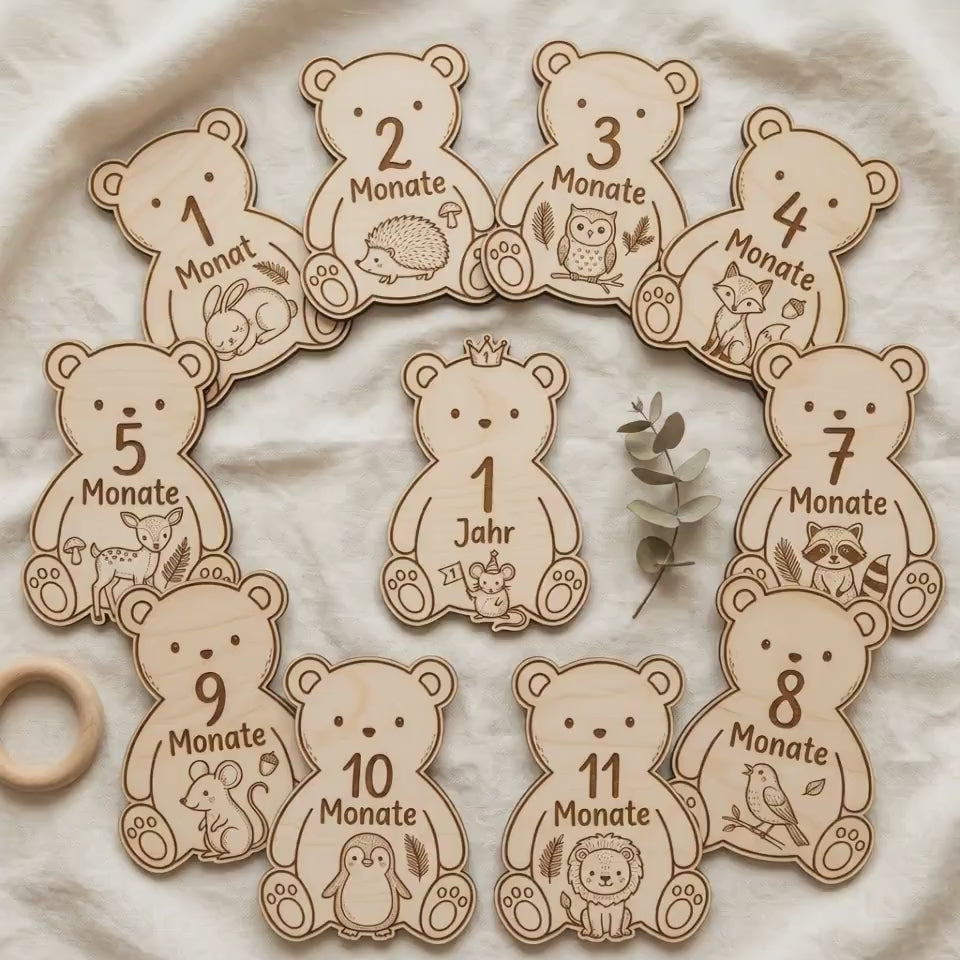 Baby Meilensteine Holz Bär personalisiert | 12 Waldtiere Meilenstein Geschenk Geburt | Holz Meilensteine erstes Jahr