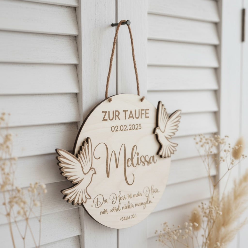 Taufschild Holz graviert | personalisiertes Geschenk zur Taufe.