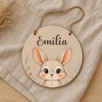 Namensschild Mädchen personalisiert Rund | Türschild Kinderzimmer mit Tiermotiv | Geschenk zur Geburt & Taufe | Birkenholz