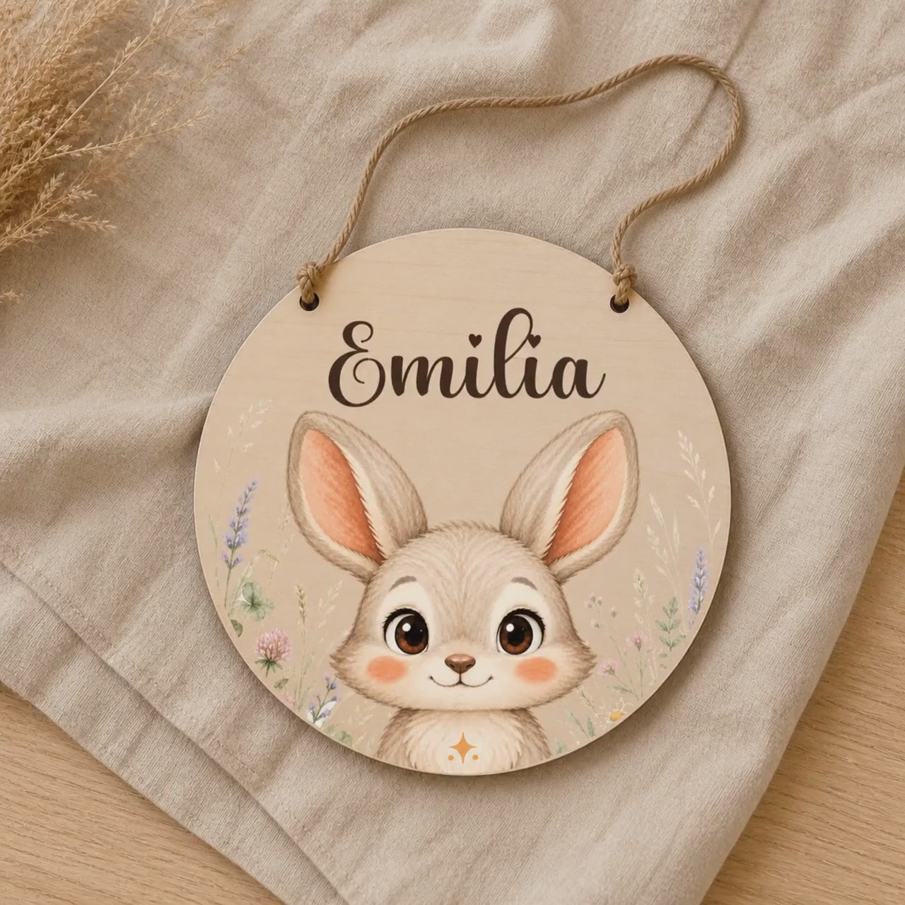 Namensschild Mädchen personalisiert Rund | Türschild Kinderzimmer mit Tiermotiv | Geschenk zur Geburt & Taufe | Birkenholz