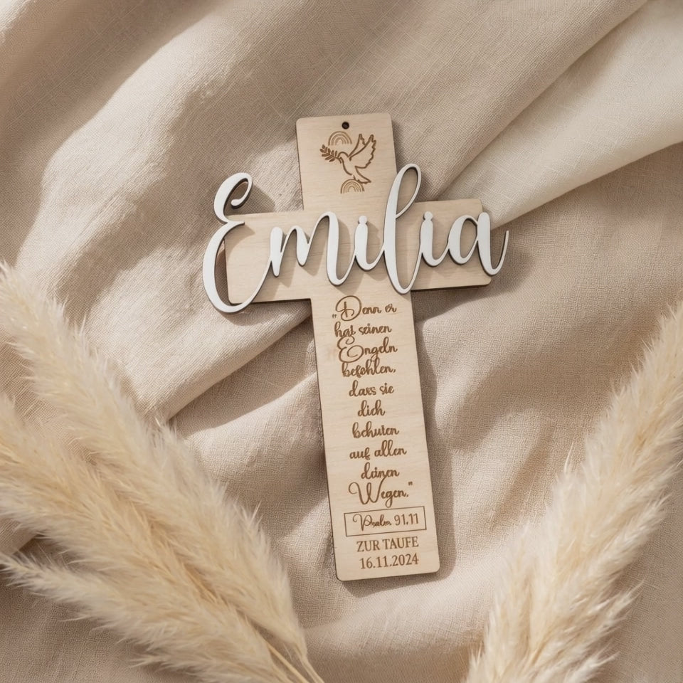 Croix de baptême en bois avec symbole religieux | personnalisée
