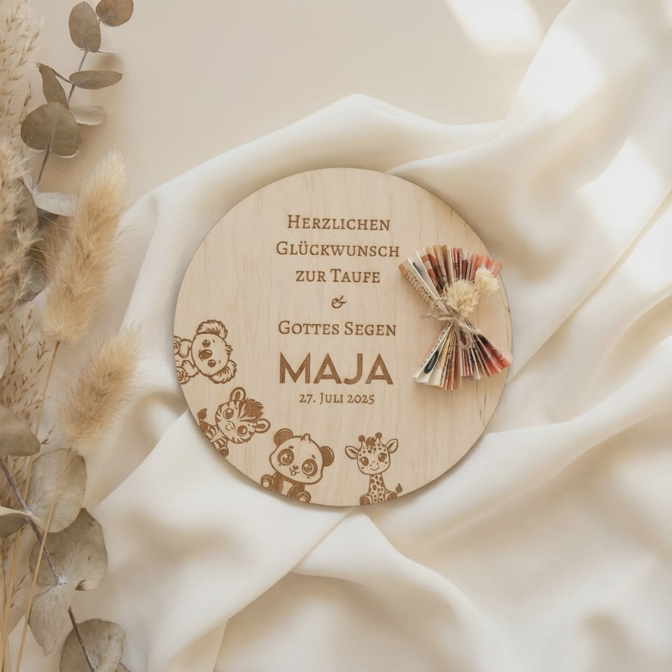 Cadeau d'argent pour baptême en bois | personnalisé avec nom