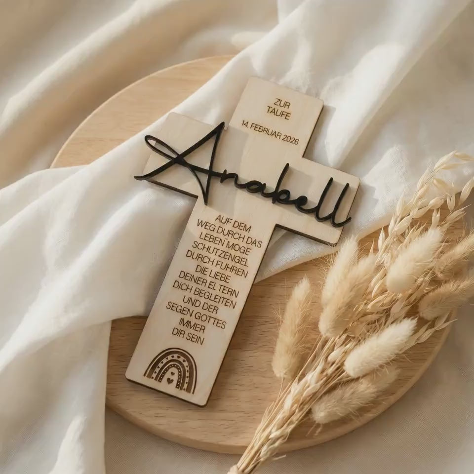 TAUFKREUZ personalisiert – Dezentes Taufgeschenk mit Name & Datum aus Holz und Acryl – Modernes Erinnerungsstück zur Taufe