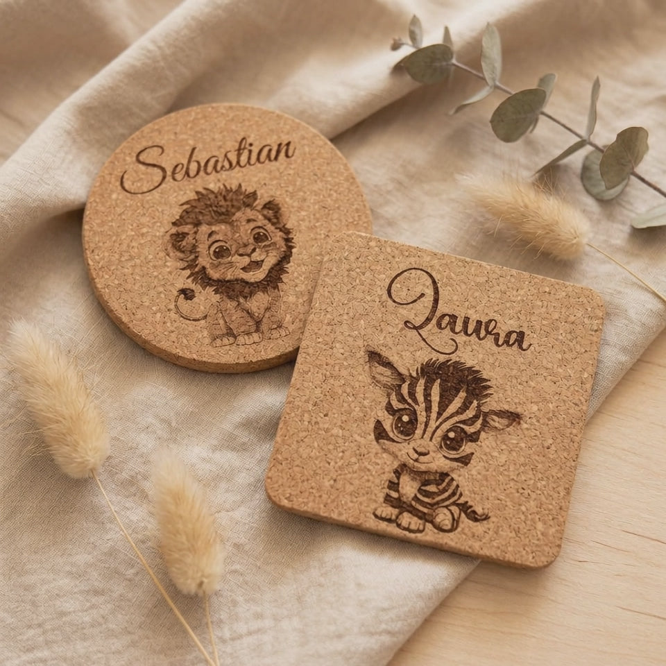 Sous-verres en liège personnalisés avec motif animalier | Cadeau pour les invités d'un anniversaire d'enfant