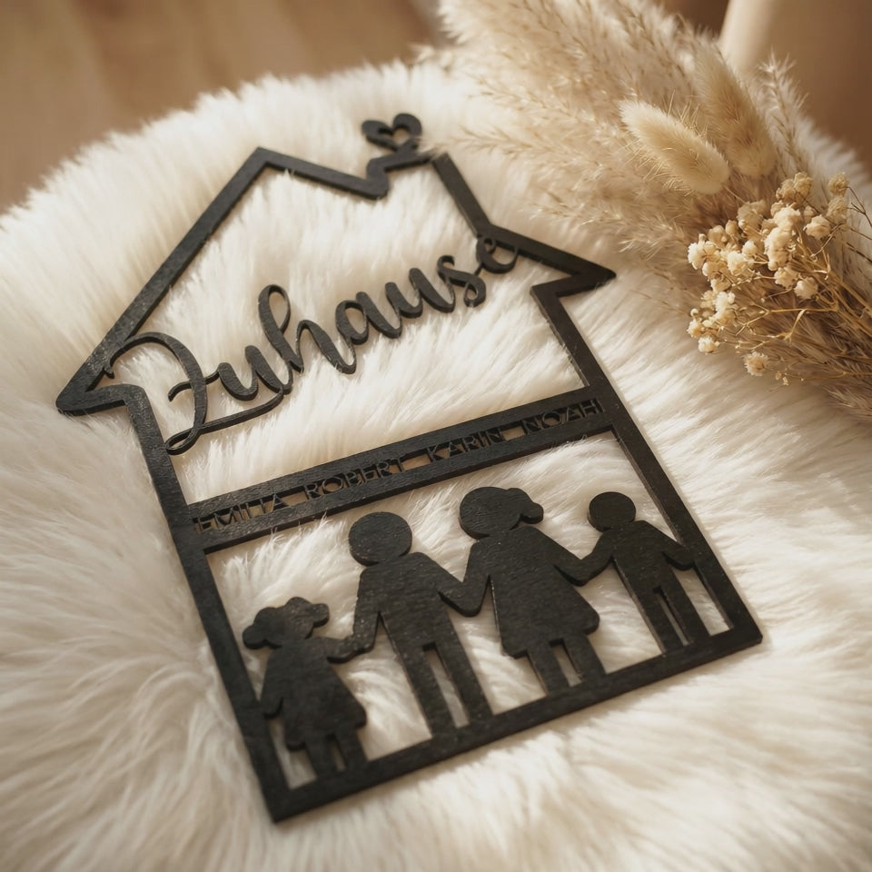 Familienschild aus Holz in Hausform | personalisiert mit Namen & Figuren