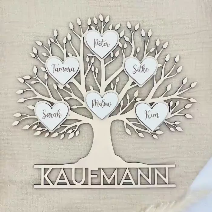 Familienstammbaum aus Holz personalisiert mit Familienname & Herzen | Baum des Lebens.