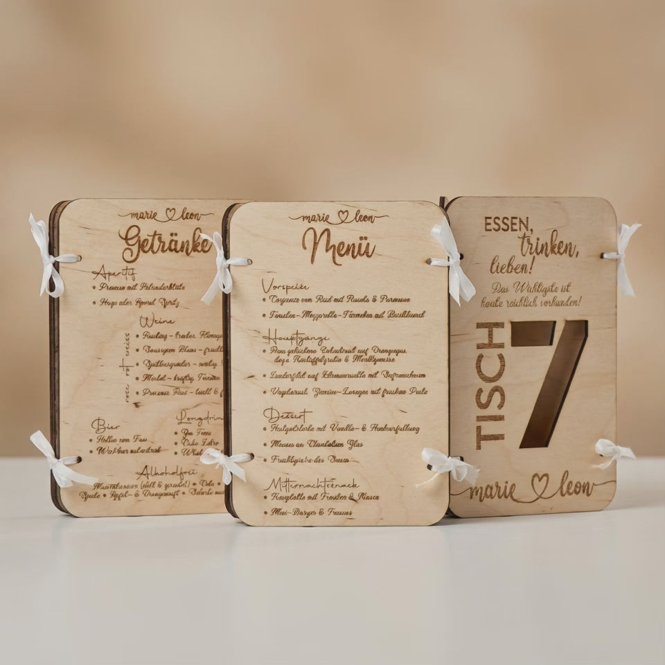 Menu 3 en 1 en bois | Carte des boissons et numéro de table