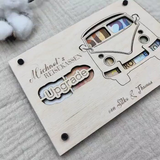 Geldgeschenk personalisierter Wunscherfüller Holz - VW Bulli.