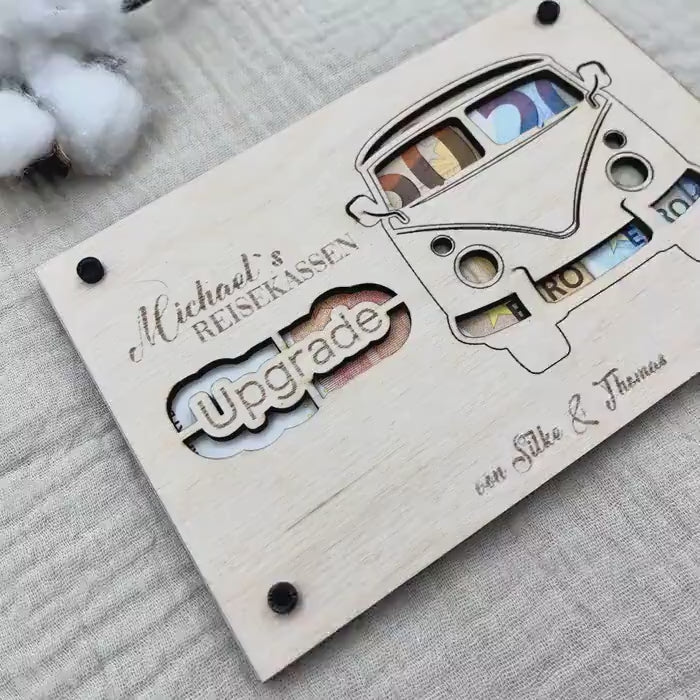 Geldgeschenk personalisierter Wunscherfüller Holz - VW Bulli.