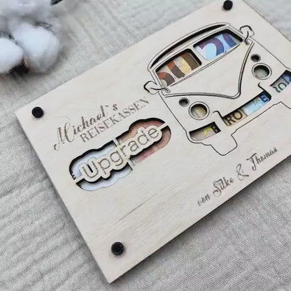 Geldgeschenk personalisierter Wunscherfüller Holz - VW Bulli.
