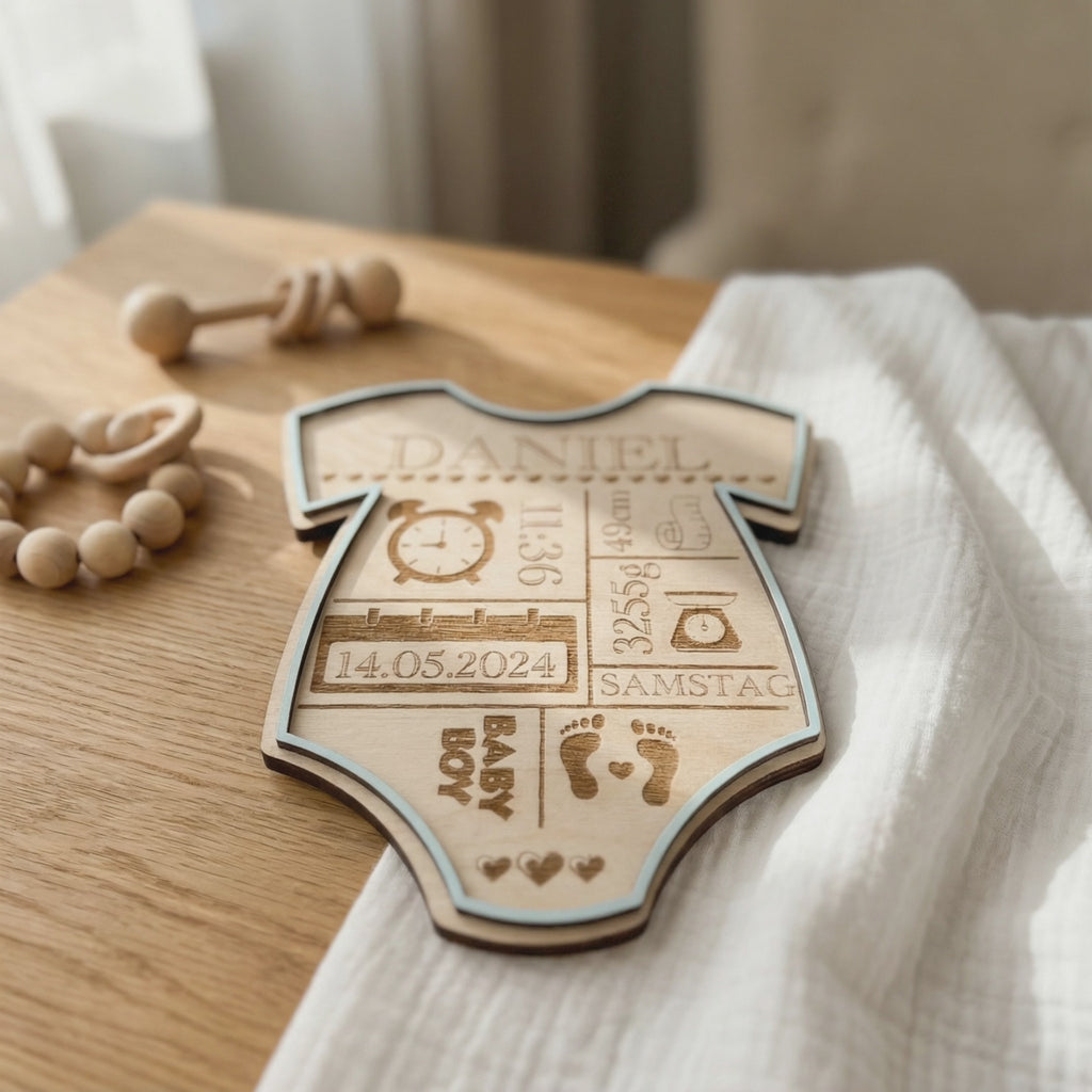 Geburtsschild Strampler | Geburtsgeschenk personalisiert aus Holz