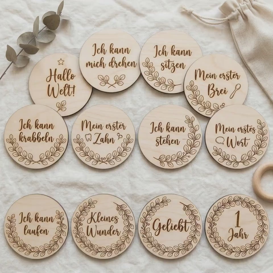 Baby Meilensteine Holz personalisiert Eukalyptus | Meilenstein Geschenk Geburt | Holz Meilensteine Botanical erstes Jahr