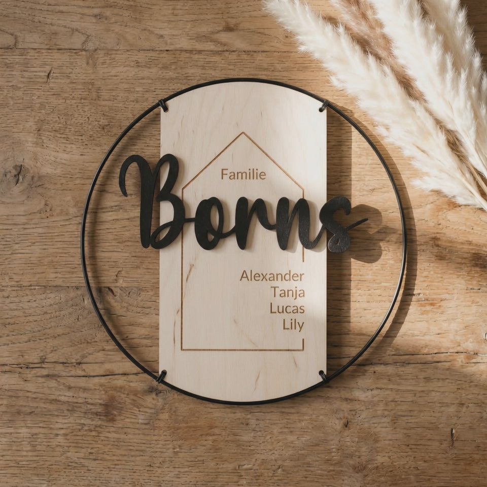 Plaque de porte Famille en bois et métal | personnalisée