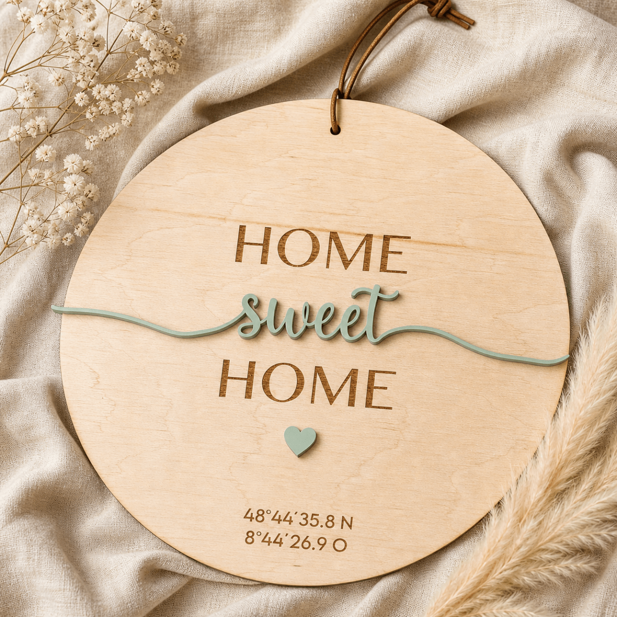 Richtfest Geschenk Türschild mit Koordinaten aus Holz – Hauptansicht