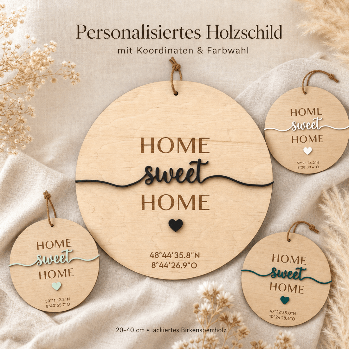 Richtfest Geschenk Türschild mit Koordinaten aus Holz – Anwendungsbeispiel an der Haustür
