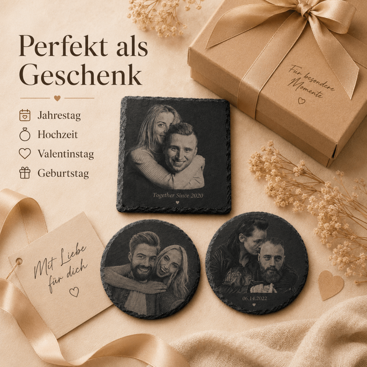 Schiefer Untersetzer mit Foto personalisiert – In der Geschenkverpackung