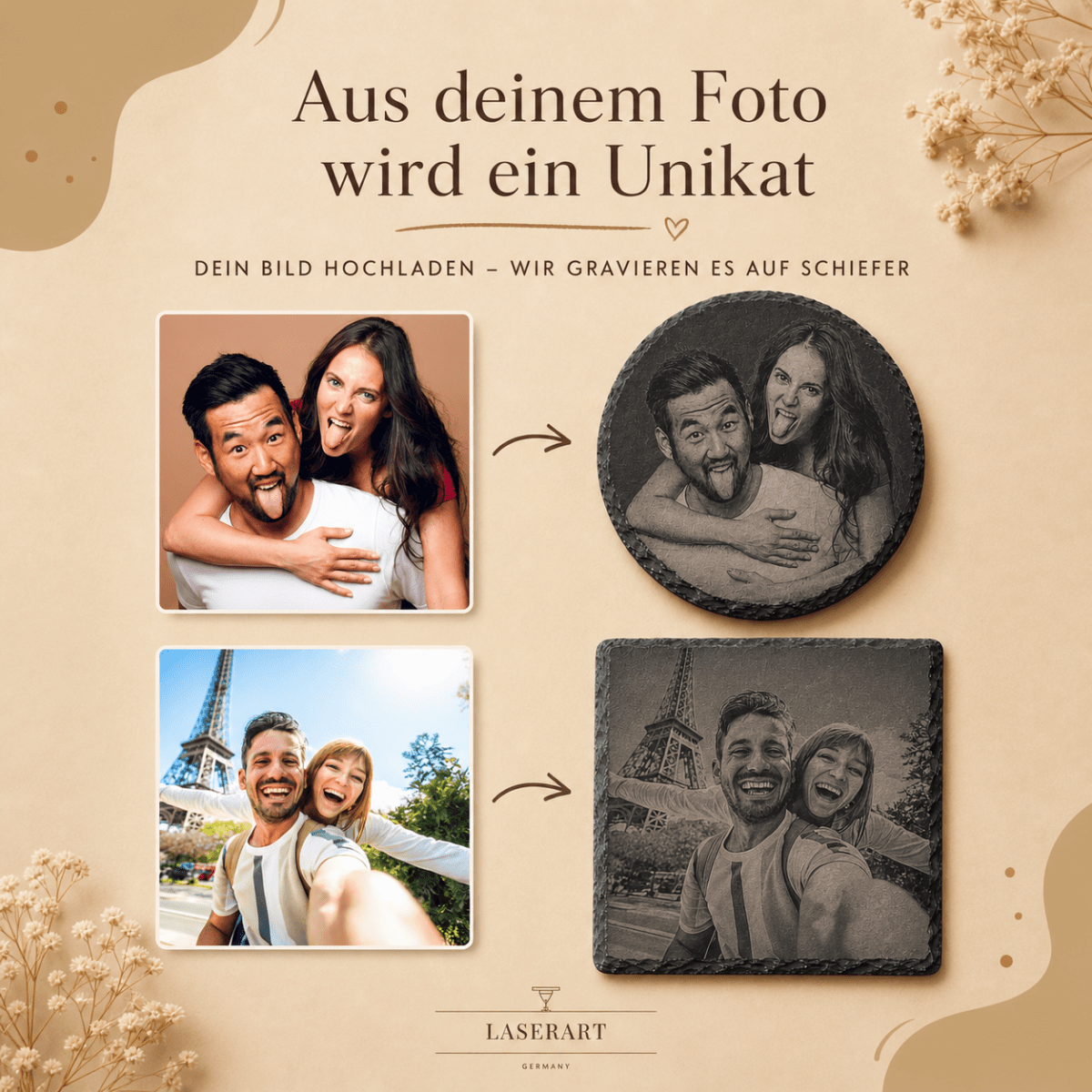 Schiefer Untersetzer mit Foto personalisiert – Größenvergleich in der Hand