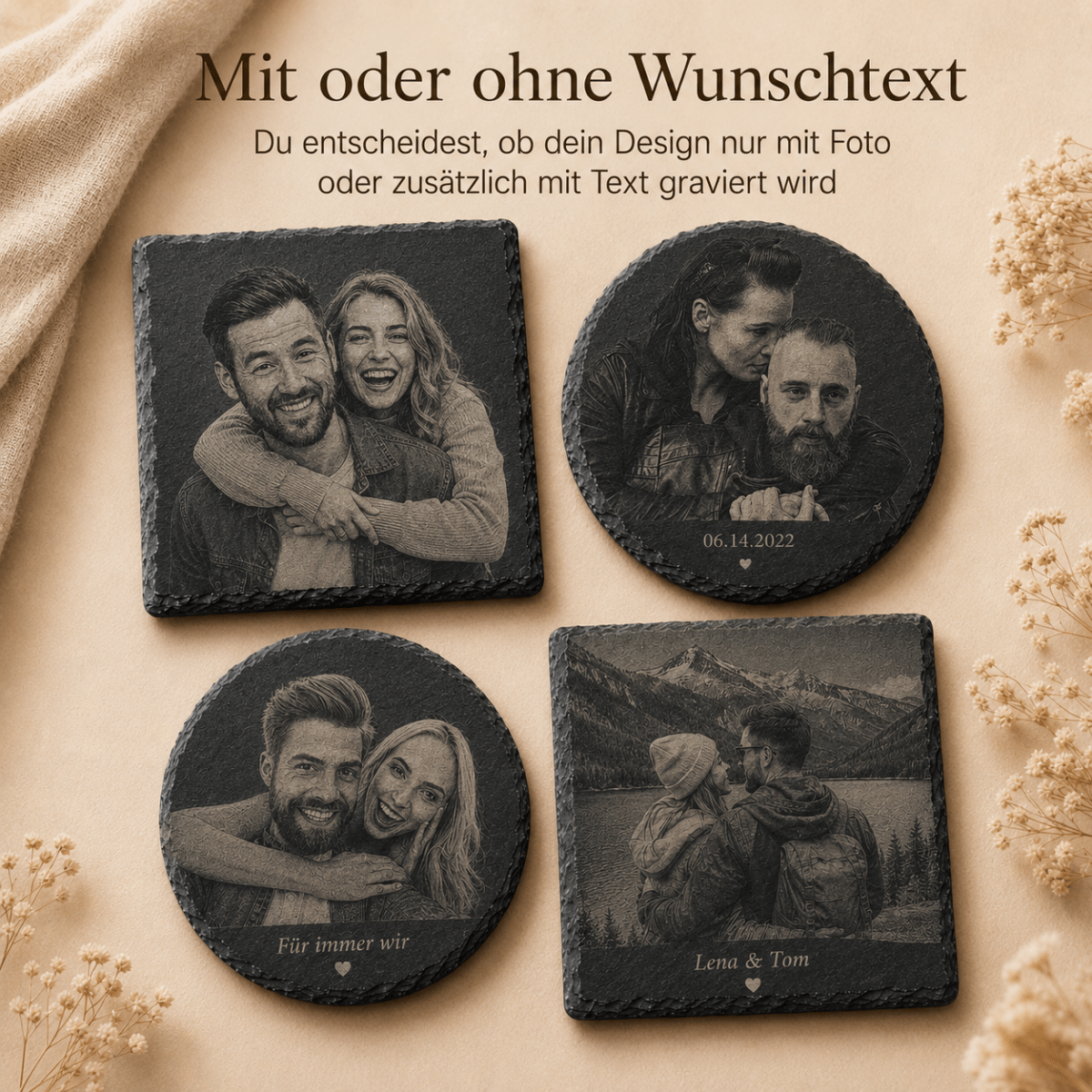 Schiefer Untersetzer mit Foto personalisiert – Anwendungsbeispiel gedeckter Tisch