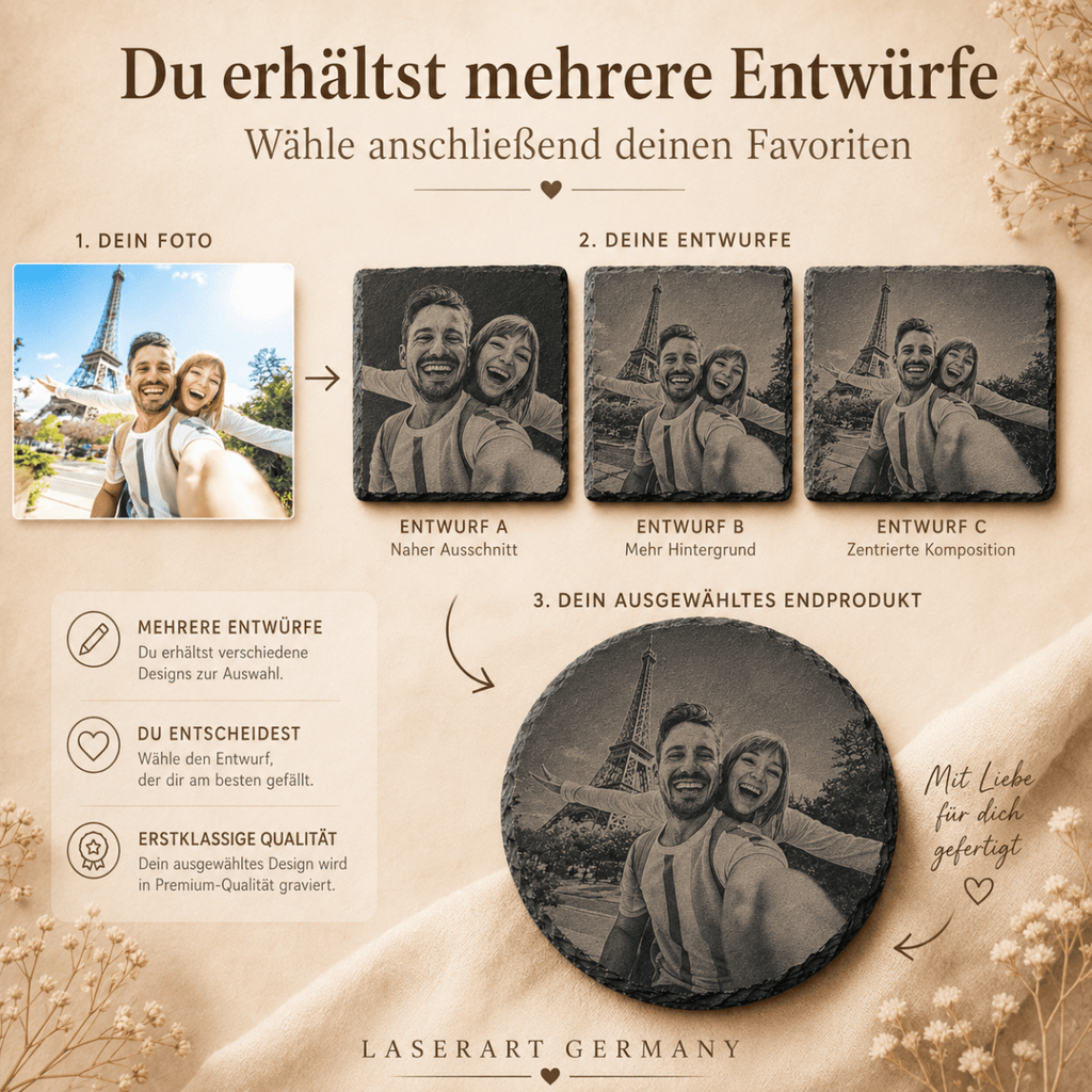 Schiefer Untersetzer mit Foto personalisiert – Gravur vom eigenen Bild | Rund & Quadratisch | Geschenk Jahrestag Hochzeit Geburtstag - LaserArt Germany
