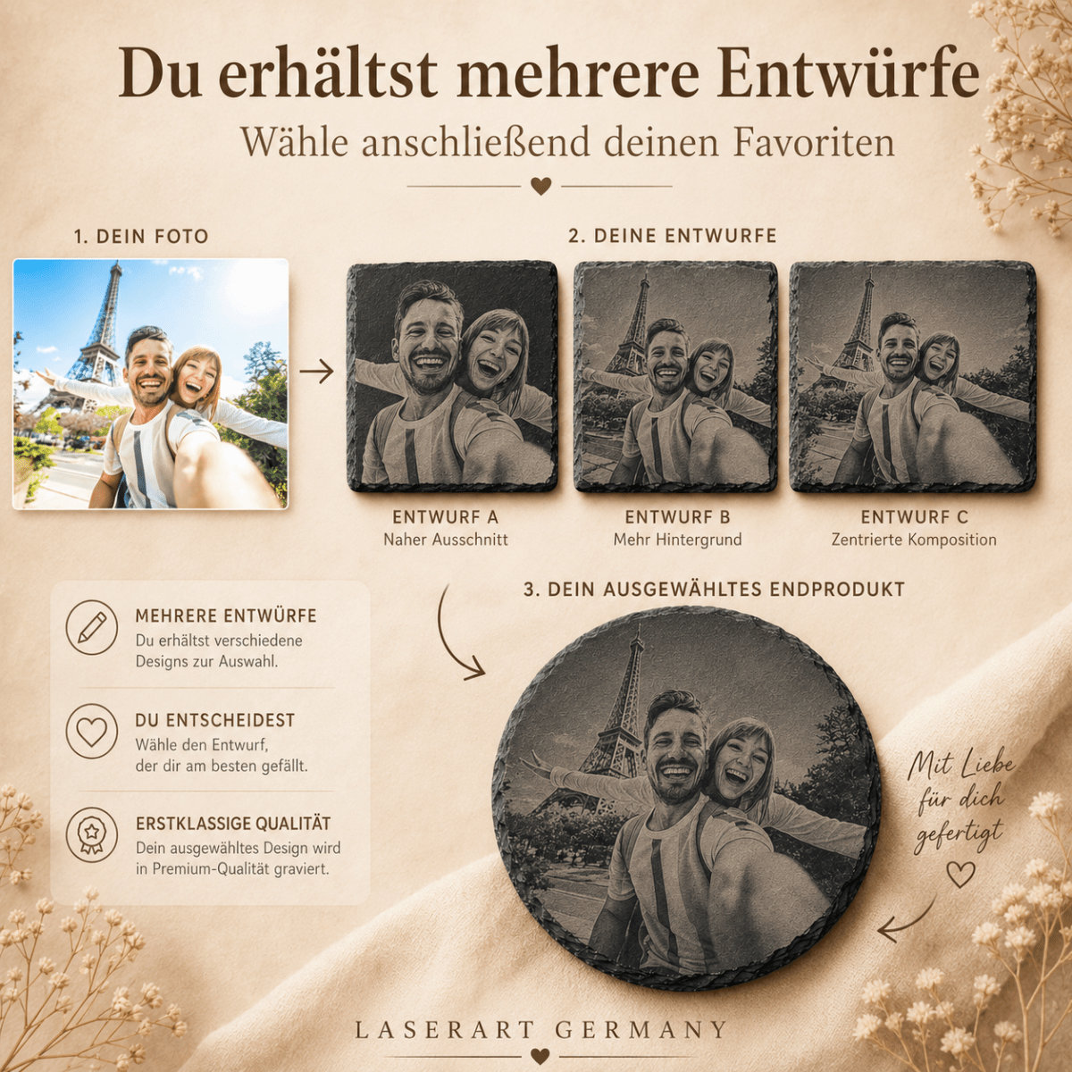 Schiefer Untersetzer mit Foto personalisiert – Detailaufnahme der Fotogravur