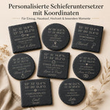 Schiefer Untersetzer mit Koordinaten personalisiert – GPS - Gravur mit Ort & Namen | Rund & Quadratisch | Geschenk Einzug Hochzeit Jahrestag - LaserArt Germany