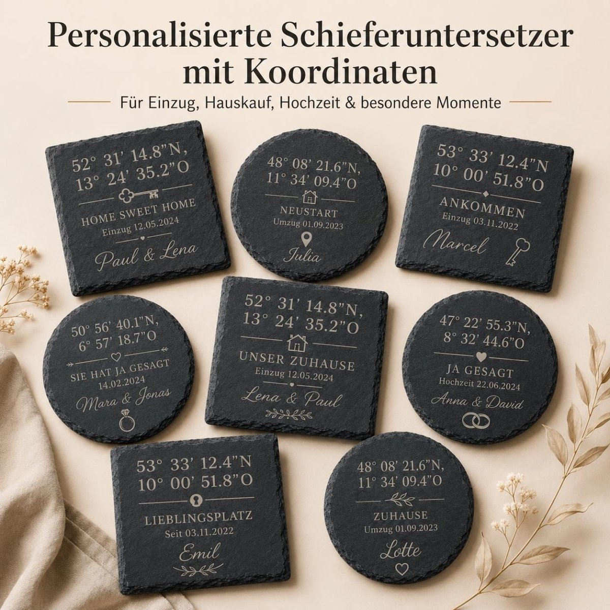 Schiefer Untersetzer mit Koordinaten personalisiert – Hauptansicht